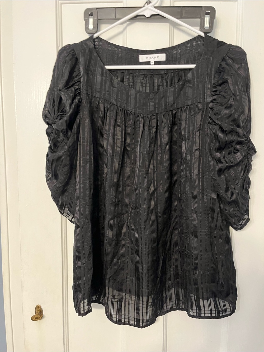 Frame Kate Silk Black Sheer Puff-Sleeve Short Shirred Sheer Blouse Large Luxury
